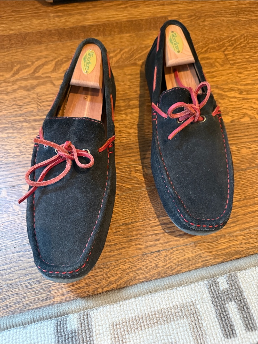 1901 Black Suede Loafers with Red Trim